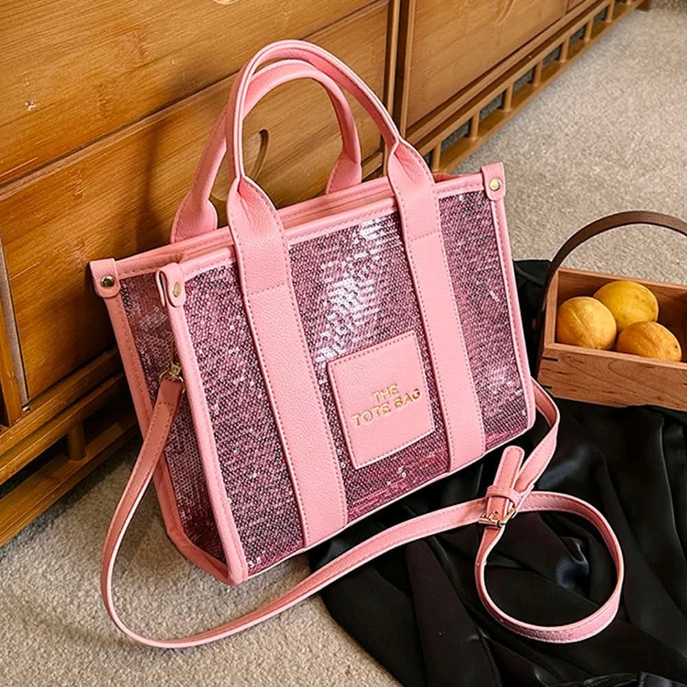 New The Tote Bag Letter Printed Sequins Top-Handle Bag Women Leather Handbag Luxury Designer Glitter Shoulder Crossbody Bag - M & M Global