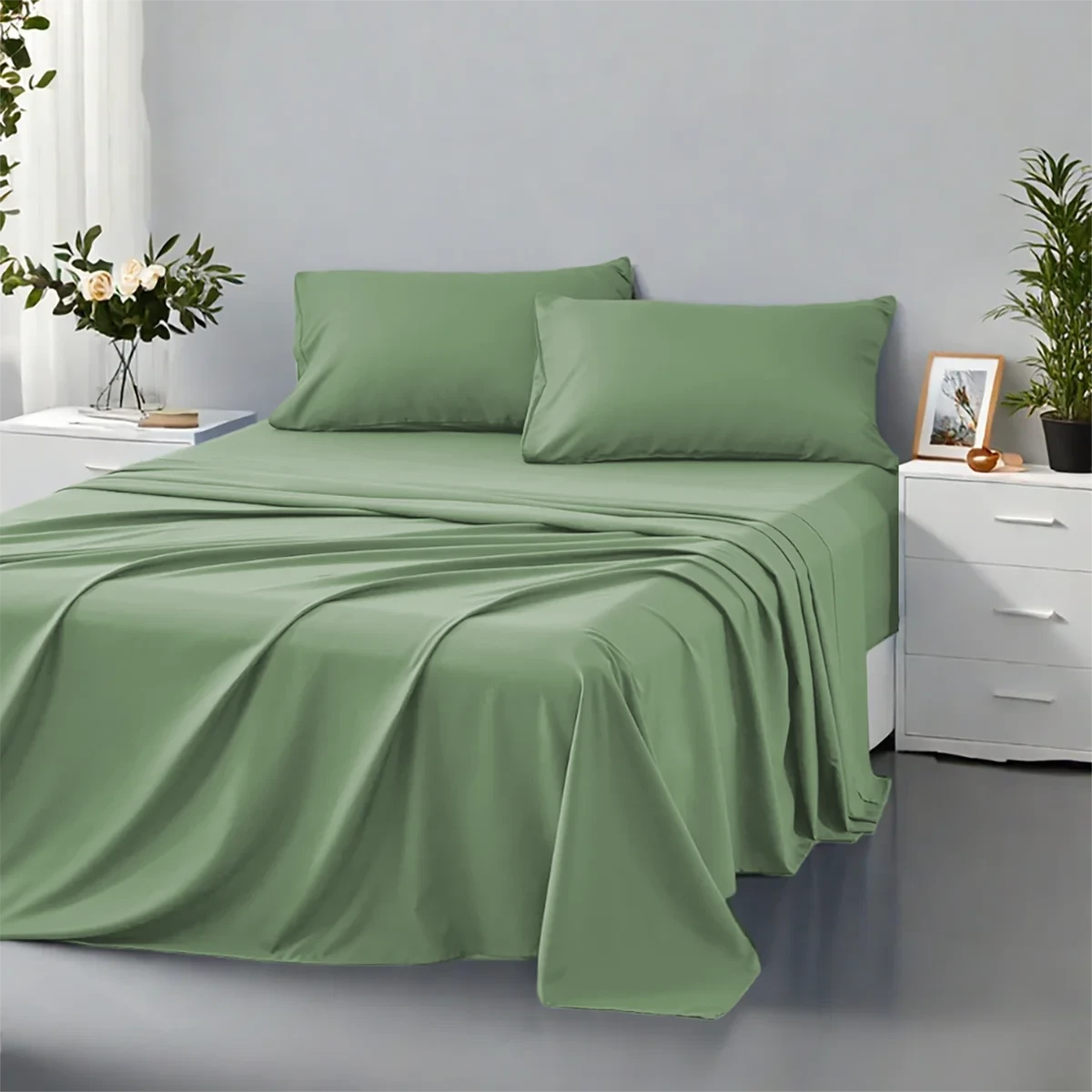 Green bed sheets and pillows on a bed in a bedroom setting.
Queen size bedding set

4-piece microfiber bed set

Solid color comforter set

All-season bedding set

Lightweight comforter

Ultra-soft bed sheets

Minimalist bedding set

High thread count sheets

Fade-resistant microfiber bedding

Modern home bedding set