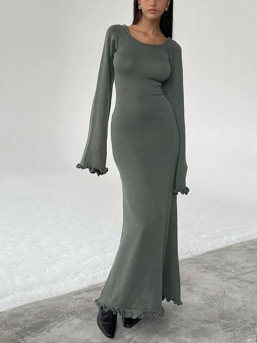 Women Ribbed Knit Ruffle Trim Long Dress Long Sleeve Bodycon  Party Cocktail Dress Flare Summer Beach Cover Up - M & M Global