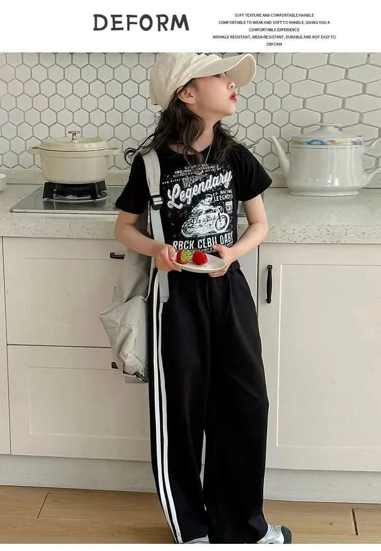 Girls' summer casual suit, new children's fashionable T-shirt, casual pants, summer dress, foreign short-sleeved two-piece set, - M & M Global