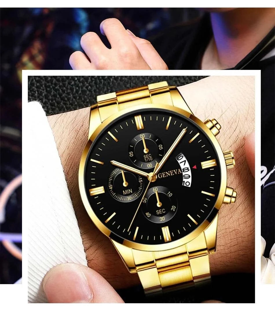 2023 Fashion Men Gold Stainless Steel Watch Luxury Calendar Quartz Wrist Watch Mens Business Watches for Man Clock Reloj Hombre - M & M Global