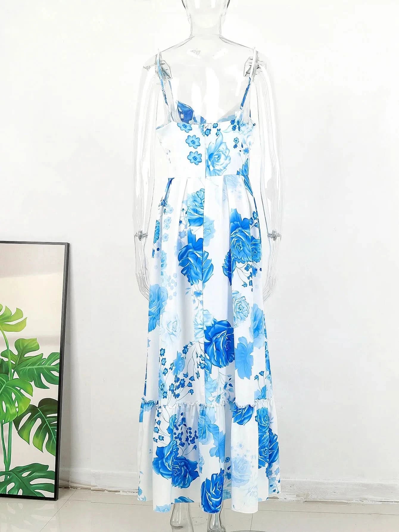 Summer Print Long Dress Women Clothing Lace Up Sling Party Dresses Pattern Strappy Ladies Hollow Out V-Neck Beach Vestidos - M & M Global