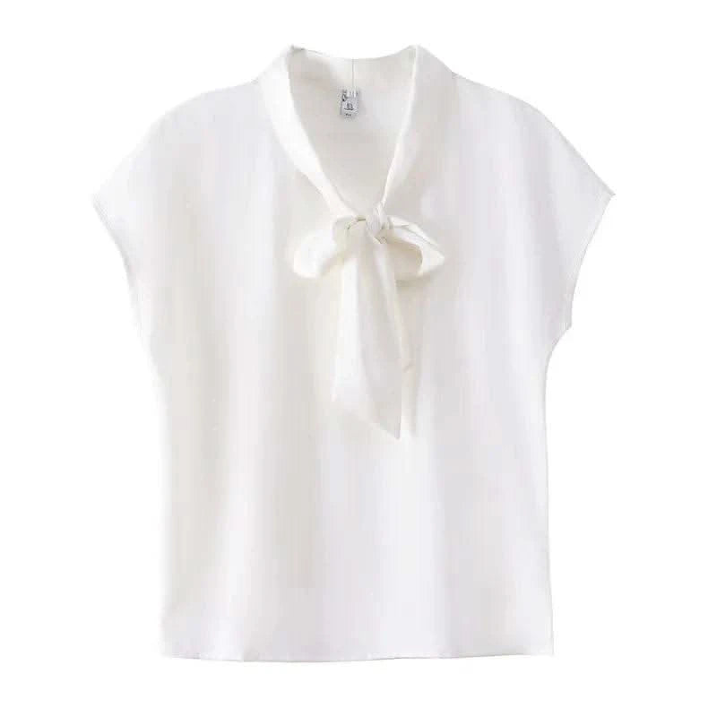 Bow Tie Blouse Shirt for Women OL Elegant Blouses Satin Womens Tops Silk Female Clothing 2023 Korean Fashion Short Sleeve Blouse - M & M Global