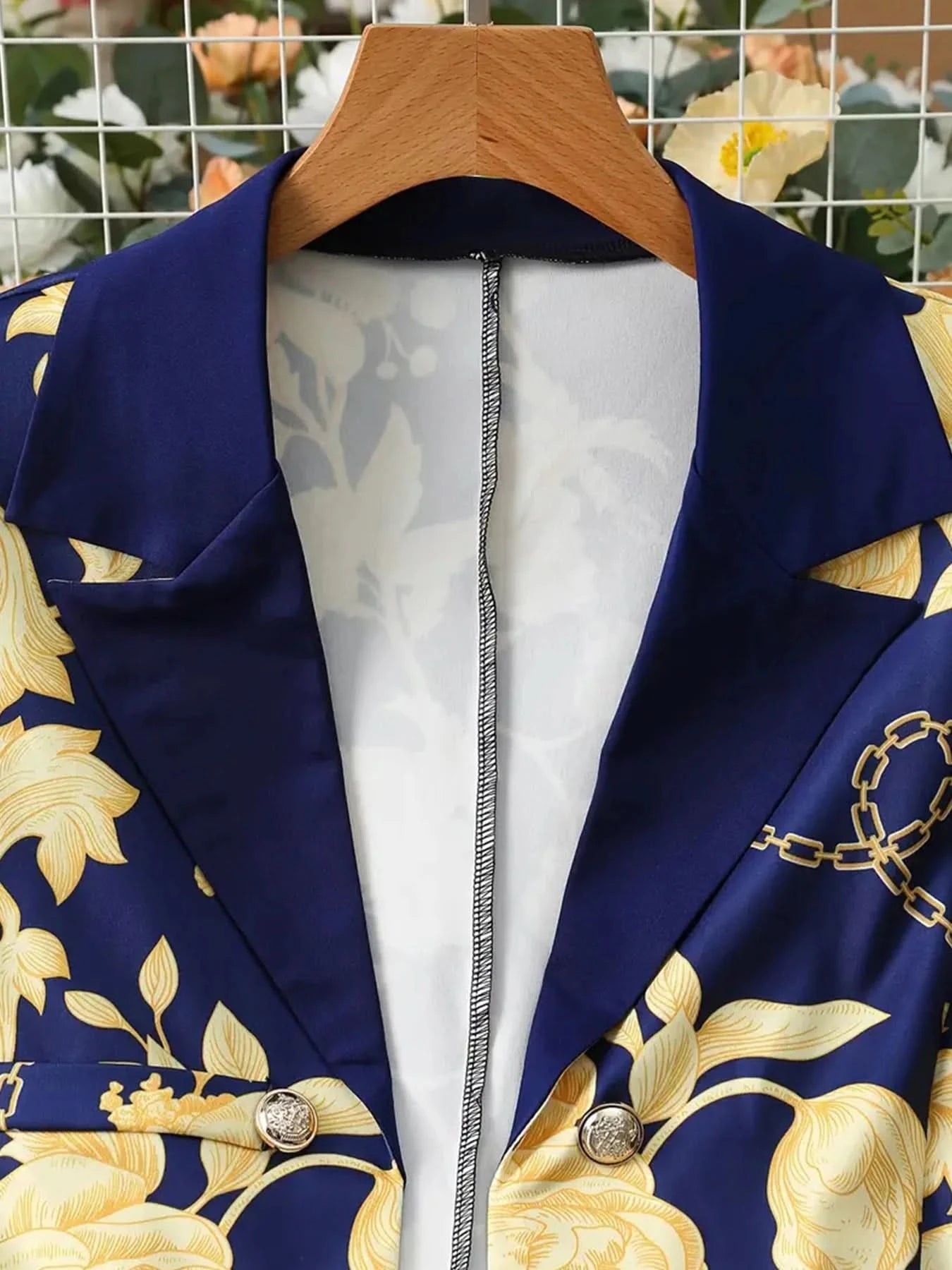 Women's Business and Leisure Two-Piece Suit Set, Solid Color Long Sleeved Double Breasted Suit Jacket and Floral Printed High Wa