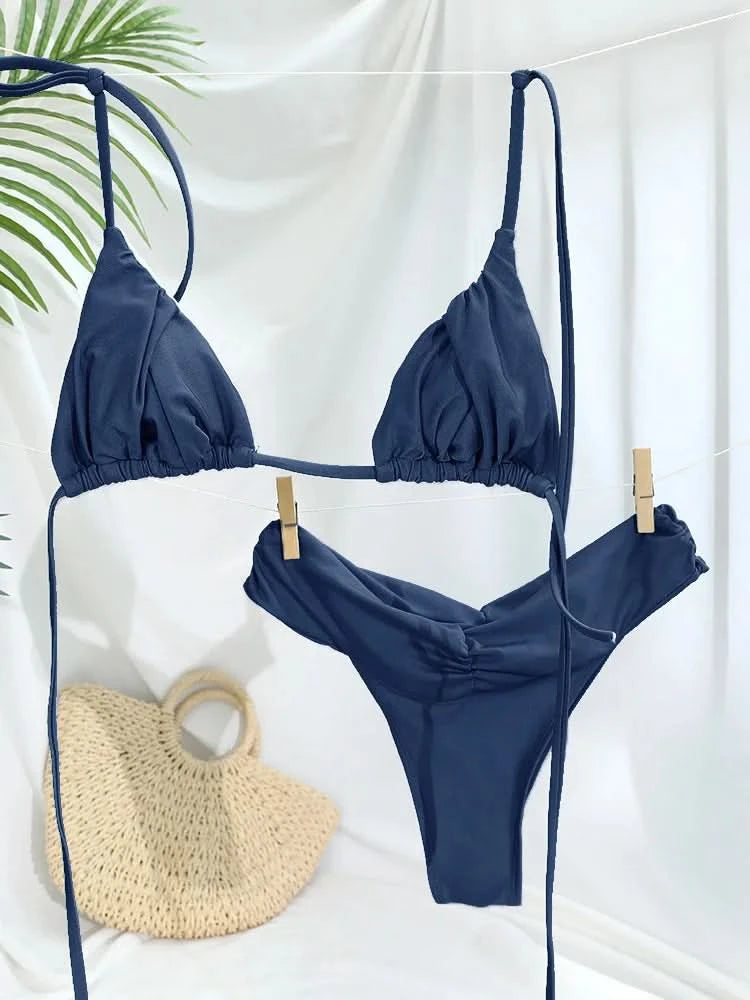 Summer 2025 Bikini Luxury Swimwear Women Biquini Folds Bikini Set Bathing Suit Women Swimsuit High Grade Champagne Bikinis Beach - M & M Global