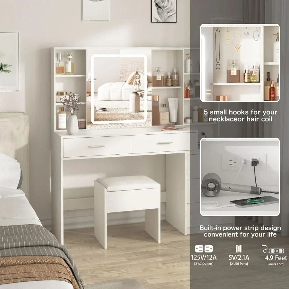 Vanity Desk with Mirror and Lights, Makeup Vanity with 5 Drawers, Makeup Desk with Charging Station and Ample Storage, Dressing