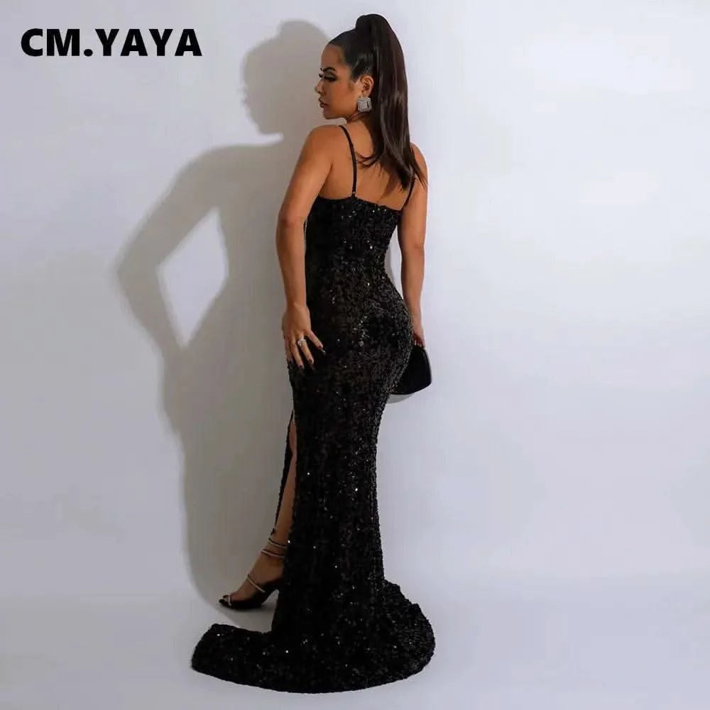 CM.YAYA Women Sequined Tassel Front Spaghetti Strap Sleeveless High Side Slit Maxi Long Dress 2023 Evening Sexy Party Dresses - M & M Global