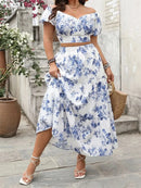 Elegant Plus Size Outfit Floral Print V-Neck Top with Short Sleeves and Elastic Waist Long Skirt - 2 Piece Set for Women