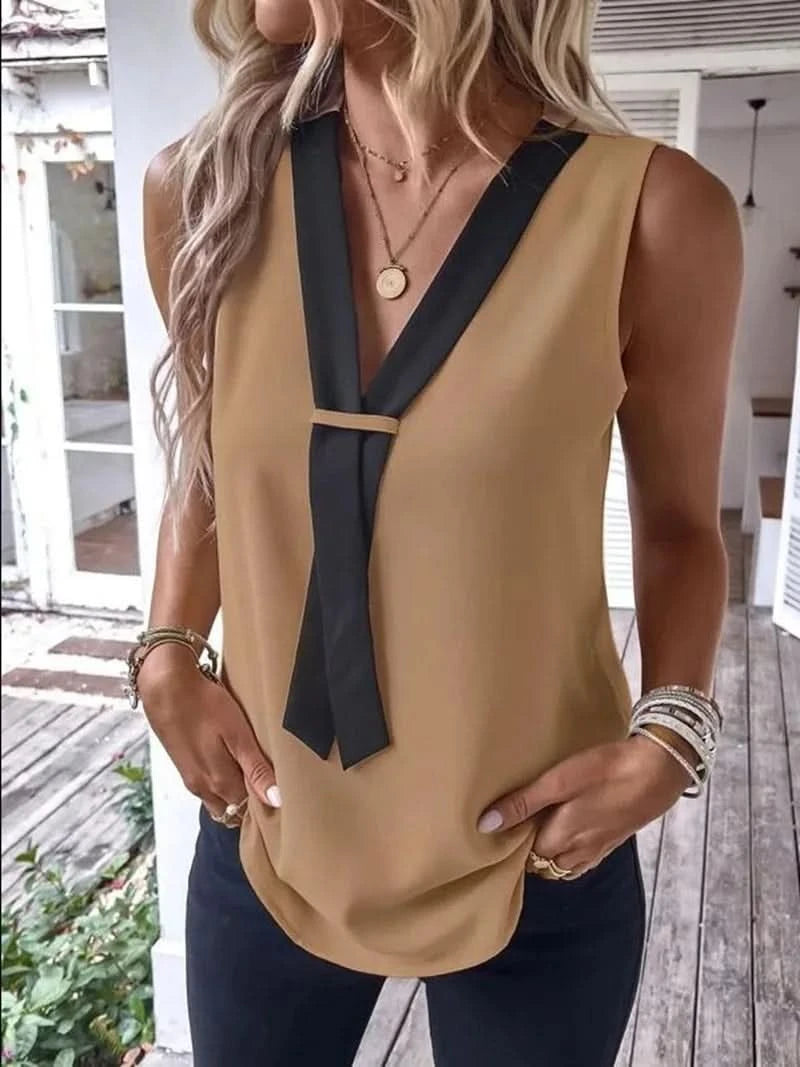 Elegant Women's Blouse Tees 2023 Summer Fashionable Style V-Neck Panel Sleeveless Top Lady Shirt S-XXXL - M & M Global