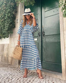 Summer Puff Sleeve Long Dress Women Geometric Print Half Sleeve Dress Boho V-Neck Loose Holiday Beach Dress Vestidos - M & M Global