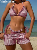 New Striped Polka Dot Halter Shorts Bikini Female Swimsuit Women Swimwear Three-pieces Bikini set Bather Bathing Suit Swim V6384 - M & M Global