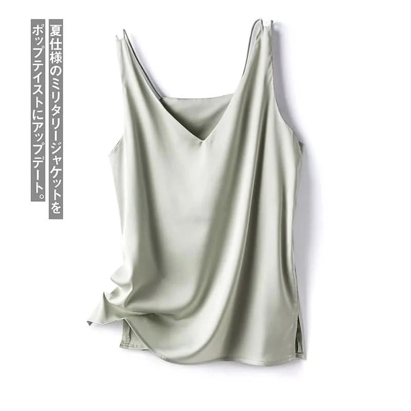 Silk Satin Women Office Lady Double Shoulder Camisole Tank V-neck Sleeveless Top T-shirt Elegant Crop Top Solid Casual Basic New - M & M Global