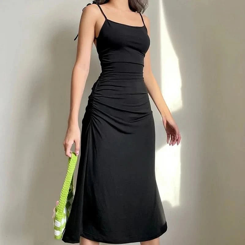 Fashion Strappy Ruched Sexy Black Dress Irregular Elegant Backless Long Dress Party Summer Dresses Women Clothes Vintage Dress - M & M Global