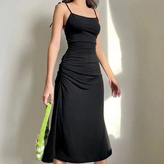 Fashion Strappy Ruched Sexy Black Dress Irregular Elegant Backless Long Dress Party Summer Dresses Women Clothes Vintage Dress - M & M Global