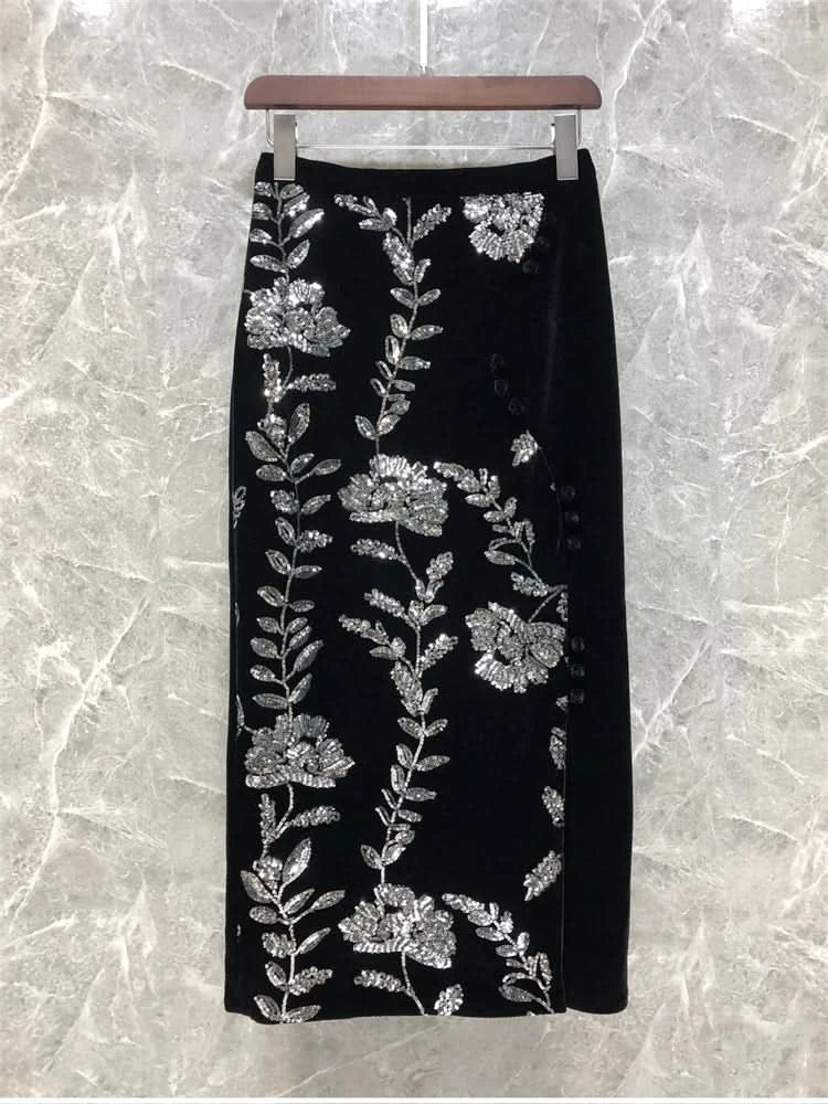 Retro Green Velvet Split Skirt Women Sequin Floral Heavy Industry High Waist A Line Long Dress Elegant Mid Length Skirt Fashion - M & M Global