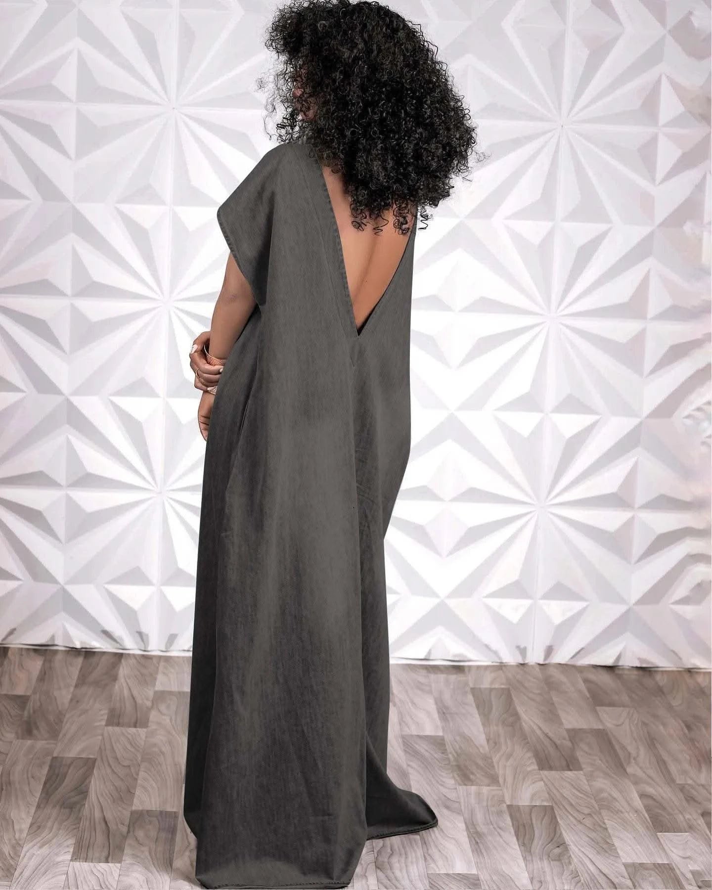 CM.YAYA Vintage Women Fashion Batwing Short Sleeve Denim V-back Loose Slim Maxi Long Dress 2023 High Street Vestido Jean Dresses - M & M Global