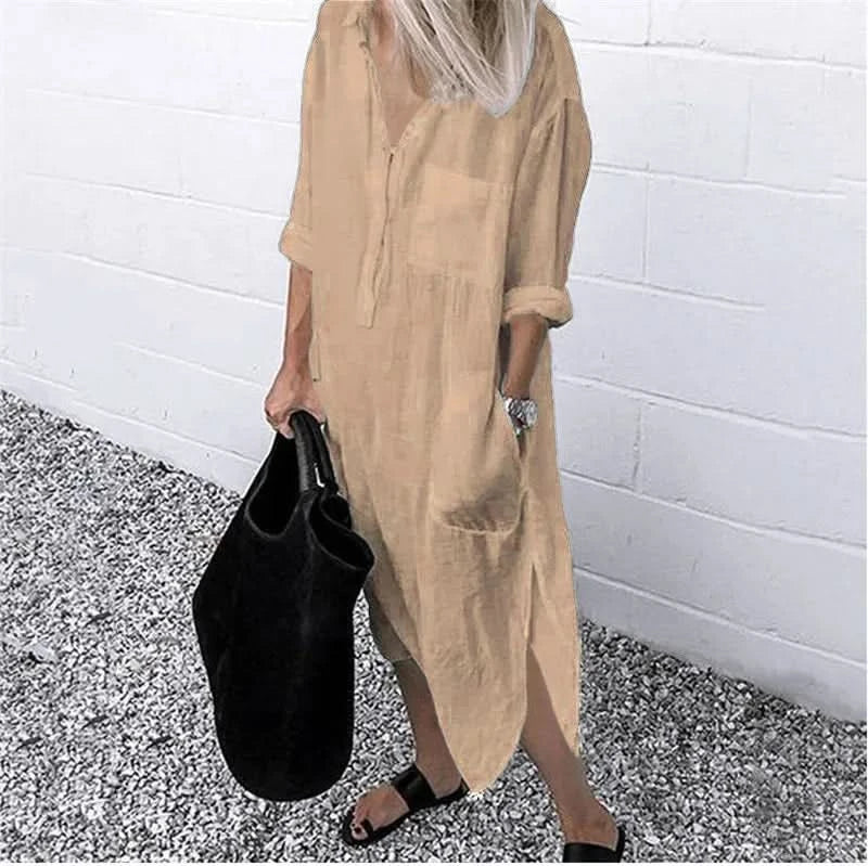Spring Summer Women's Solid Color Loose Split Shirt Midi Dress Elegant Casual Button Pocket V-Neck Long Sleeve Long Dress 2024 - M & M Global