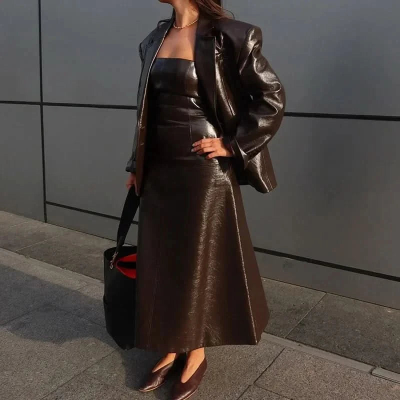 PU Leather Strapless Dresses Coat Women's Two Pieces Set Vintage Tube Sleeveless Slim Long Dress Lapel Jackets Street Outfits - M & M Global