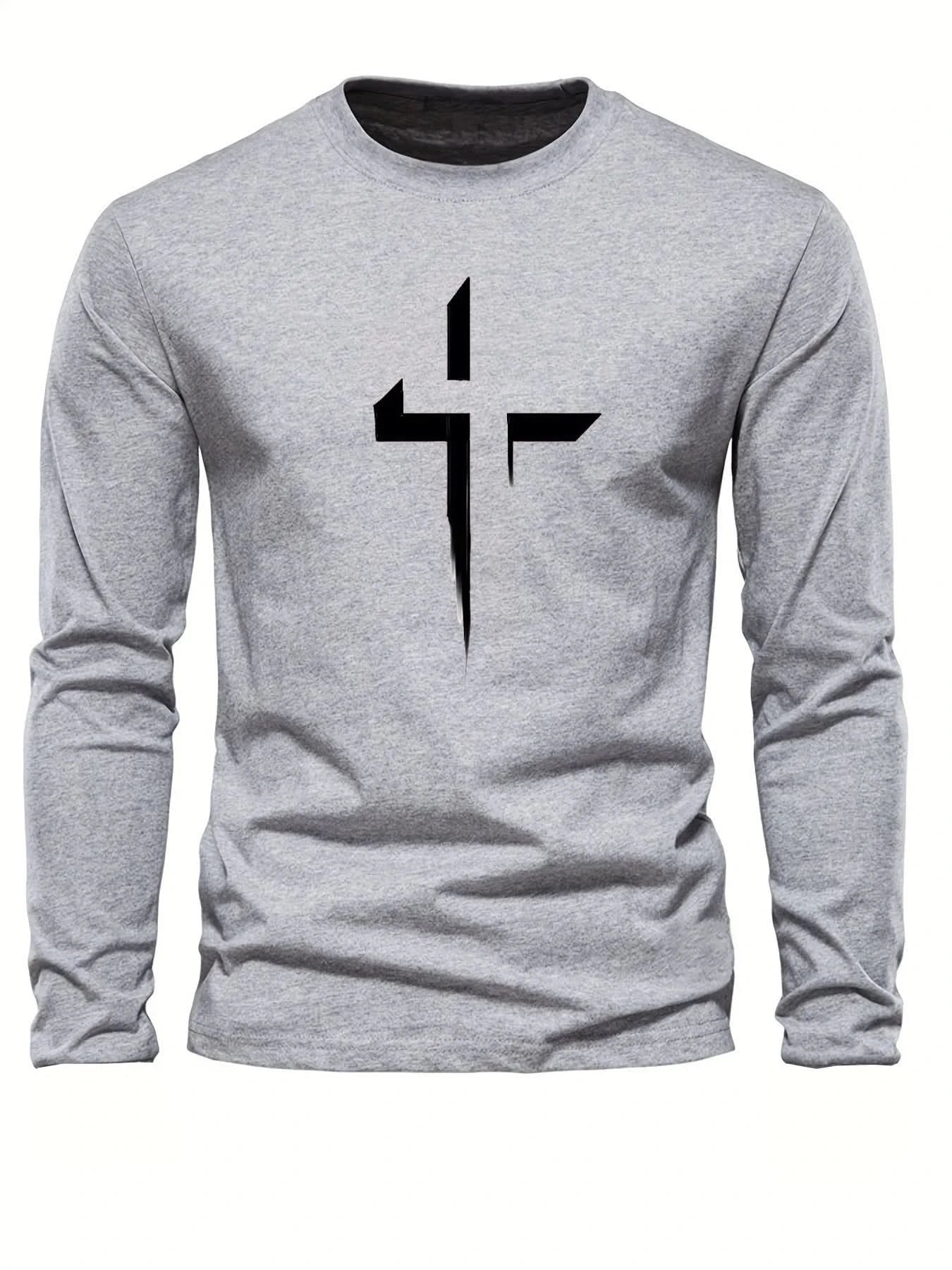 Men's 100% pure cotton loose fit plus size comfortable casual sports cross print round neck long sleeved T-shirt top - M & M Global