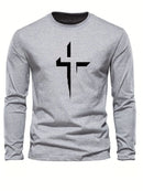 Men's 100% pure cotton loose fit plus size comfortable casual sports cross print round neck long sleeved T-shirt top - M & M Global