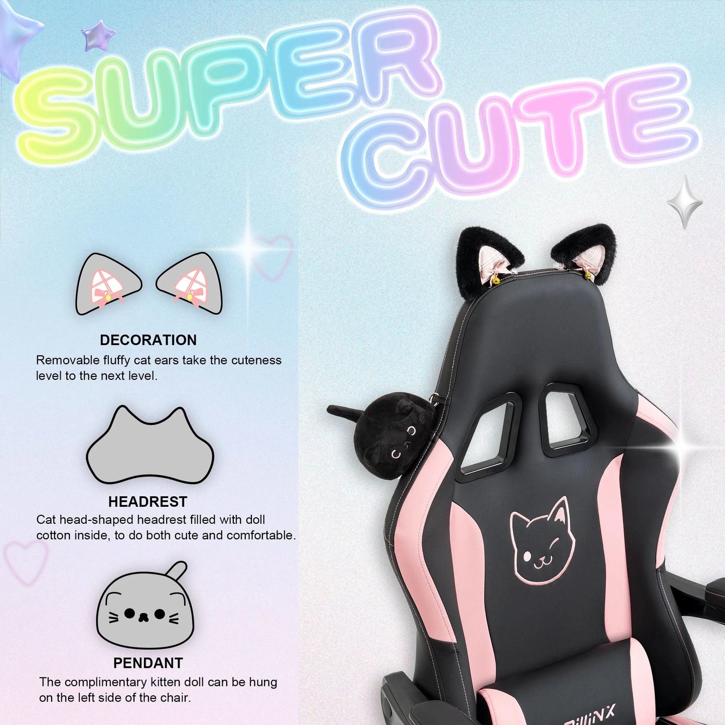 Dowinx Gaming Chair Cute with Cat Ears and Massage Lumbar Support, Ergonomic Computer Chair for Girl with Footrest and Headrest