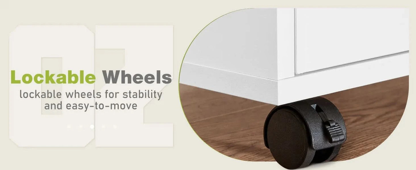 JHK Wood Nightstand Cabinet 5 Drawers Waterproof Surface Storage Organizer File Office Easy To Move Bedside Table Rotating Wheel
