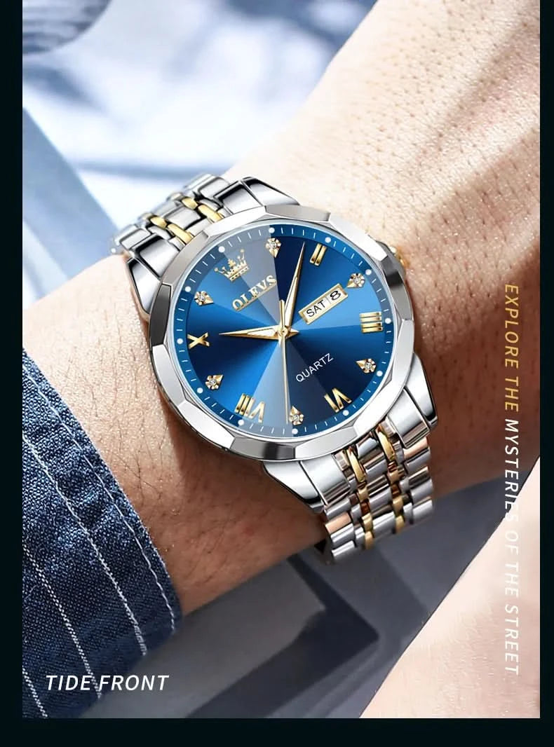 OLEVS Men's Watches Causal Fashion Original Quartz Watch for Man Waterproof Stainless Steel Luminous Date Week Trend Dress Reloj - M & M Global