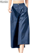 ZANZEA Women Straight Long Pants Korean High Waist Pantalons Casual Loose Wide Leg Cropped Trousers 2024 Summer Holiday Bottoms