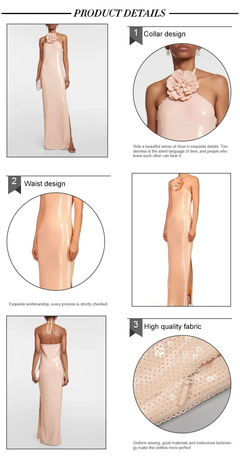 VC Women Elegant 3D Flowers Halter Backless Sexy Club Sequin Bodycon Prom Long Dress Party Festival Split Dress - M & M Global