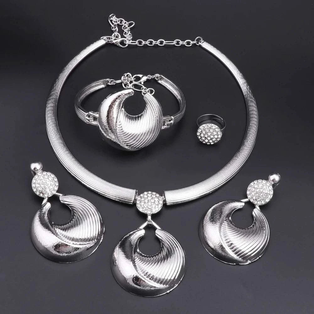 Dubai Jewelry Set For Women Silver Plated Luxury Necklace Earrings Bracelet And Ring Set Jewelry For Wedding Party Trending ﻿ - M & M Global