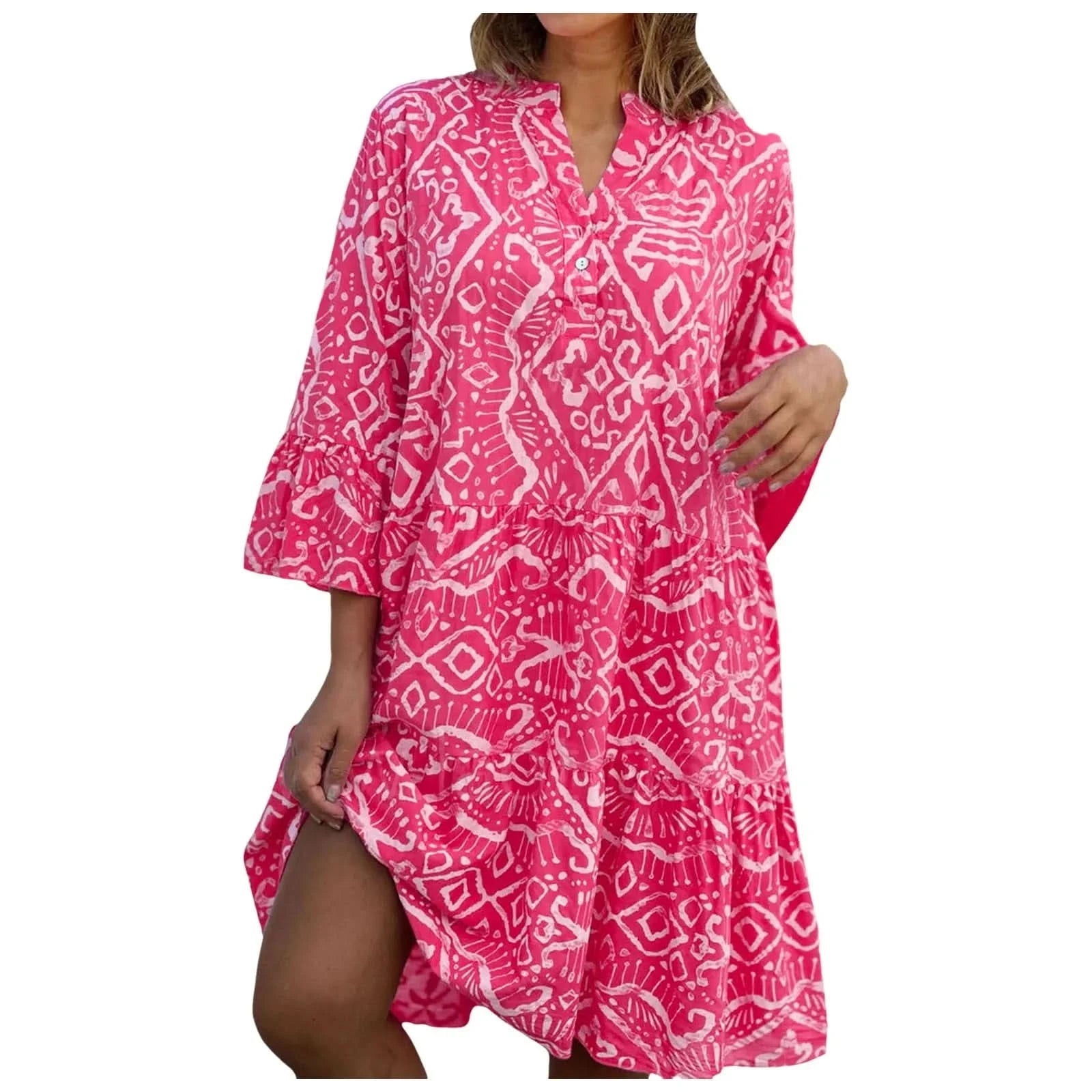Women Floral Print Maxi Dress Fashion Casual V Neck Long Dress Plus Size Summer Boho Dress Ruffle Three Quarter Sleeves Dresses - M & M Global