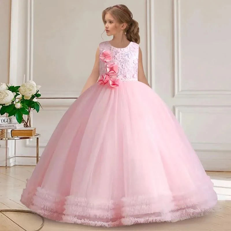 Girls' Sequin Pearl Princess Dress 5-14 Years Old Flower Decal Sleeveless Temperament Long Dress Halloween Banquet Fashion Dress - M & M Global