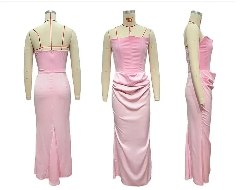 Sexy Strapless Patchwork Long Dress Women Slim Sleeveless Pleated Mermaid Dresses 2025 Spring Summer Lady Evening Solid Robe - M & M Global