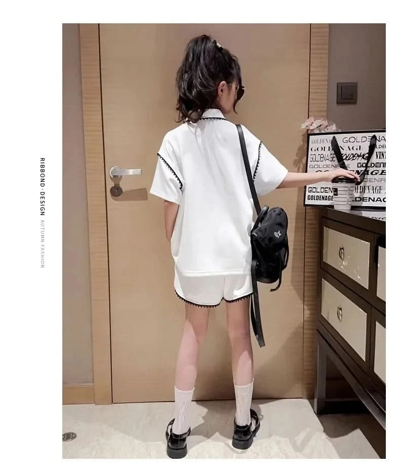 Girls Summer Polo Shirt Set Ruffle Collar T-Shirt Shorts Two-Piece Korean Style Mid-Big Children Fashionable Clothing - M & M Global