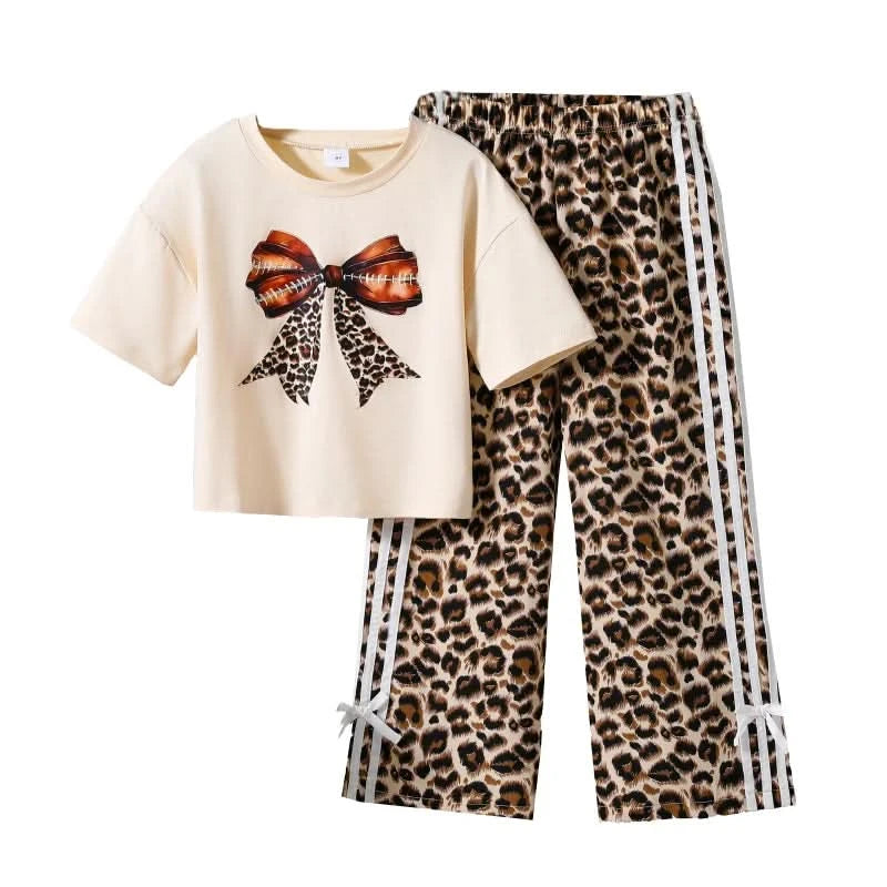 Children Clothing Sets Beige Bow Printed T-shirt & Striped Leopard Pants Trendy Girls Outfit Summer Clothing Sets 8-12 Kids Suit - M & M Global