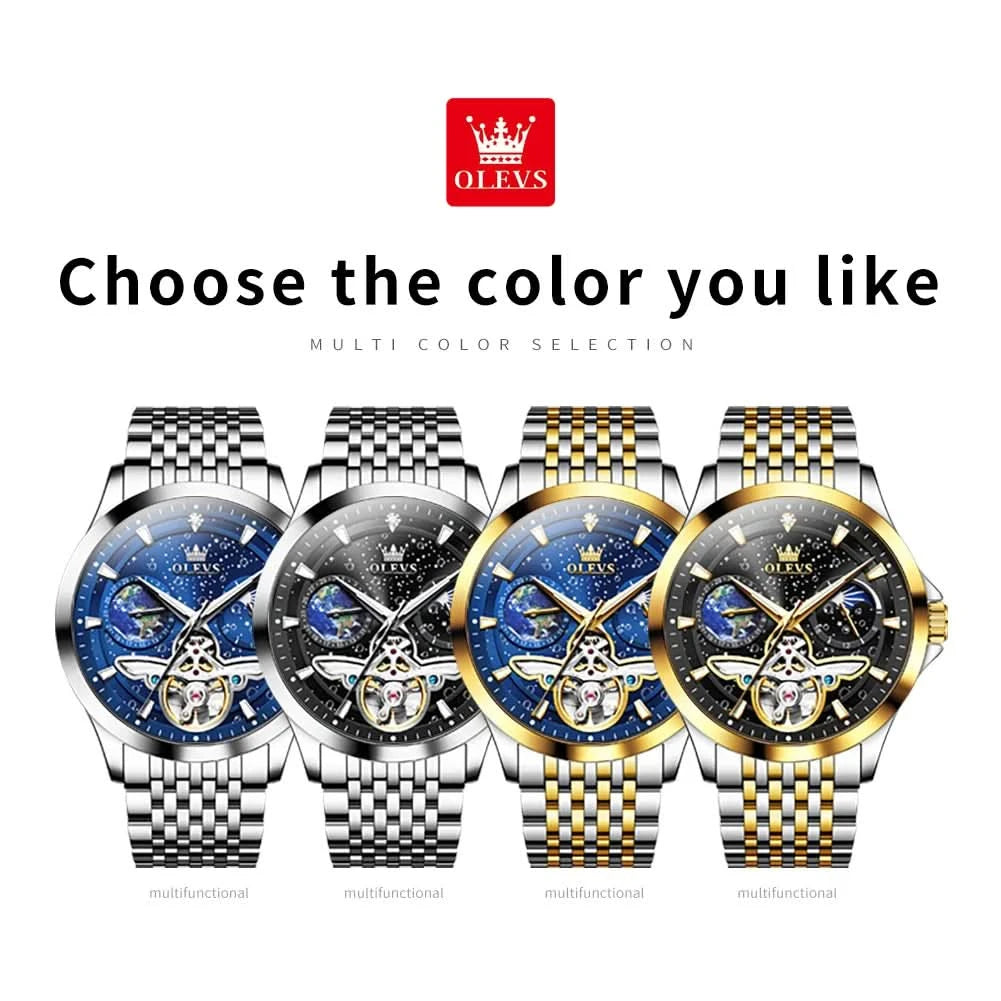 OLEVS Luxury Brand Men's Watches Luminous Waterproof Fully Automatic Mechanical Watch Starry Sky Dial Moon Phase Hollow Out - M & M Global