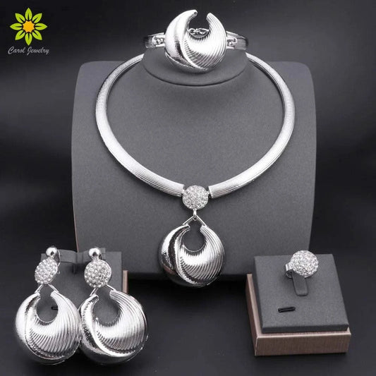 Dubai Jewelry Set For Women Silver Plated Luxury Necklace Earrings Bracelet And Ring Set Jewelry For Wedding Party Trending ﻿ - M & M Global