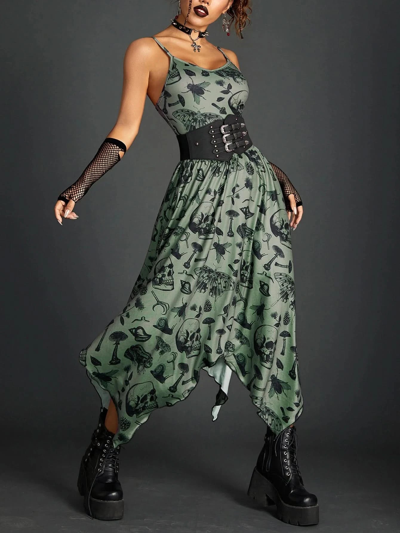 Goth Dark Fairy Grunge Y2k Aesthetic Skull Graphic Dresses Mall Gothic Shirring Lace Up Long Dress Punk A-line Slim Emo Clothing - M & M Global