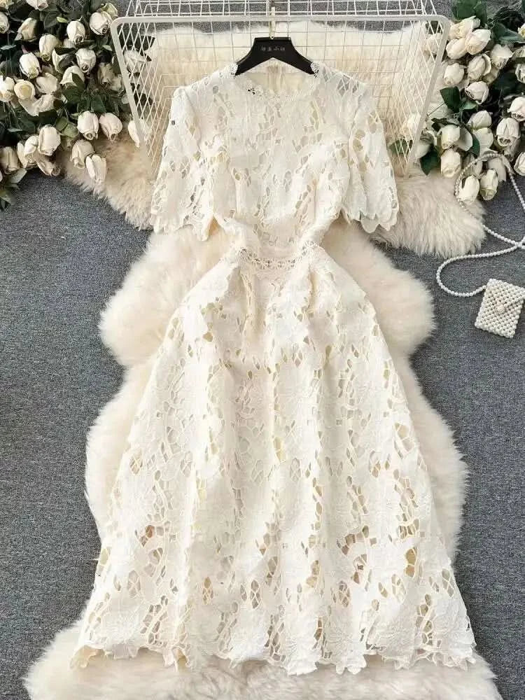 Elegant Flower Embroidery Lace Hollow Out Midi Dresses Women's 2025 Summer O Neck Short Sleeve Casual Long Dress Party Vestidos - M & M Global
