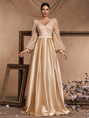 Luxury Beading Gold V-Neck Sequins Satin Evening Dresses Women Elegant Long Sleeve Wedding Party Prom Cocktail Gowns