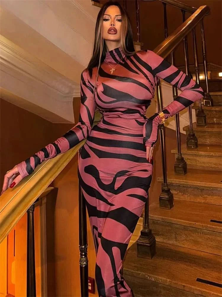 Print Leopard Print Slim Long Dress Women's Fashion Long Sleeve Sexy Party Dress Summer Street Leopard Print Long Dress 2024 New - M & M Global