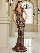 Luxury V-Neck Cap sleeve Sequins Evening Dresses Women Elegant V-back Wedding Party Long Prom Cocktail Gowns