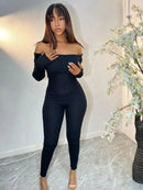 Women's Off-Shoulder Ribbed Knit Jumpsuit, Sexy Tight-Fitting Plain Romper, Fashionable Comfortable Autumn Casual Wear