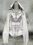 Y2K New American Fashion Trend Joker Pattern Printed Fur Collar Zipper Hoodie Women Street Casual Loose Fleece Padded Sweatshirt