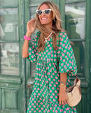 Summer Puff Sleeve Long Dress Women Geometric Print Half Sleeve Dress Boho V-Neck Loose Holiday Beach Dress Vestidos - M & M Global