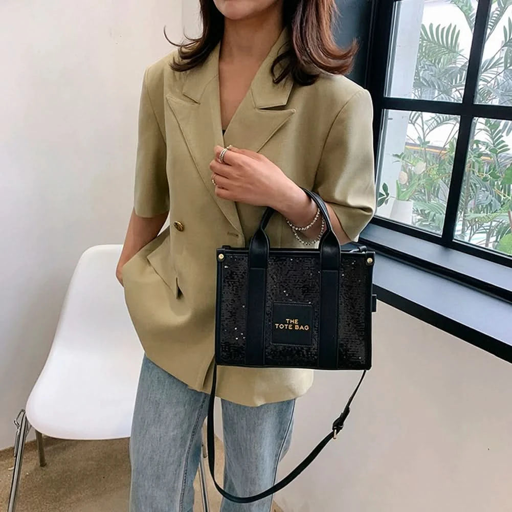 New The Tote Bag Letter Printed Sequins Top-Handle Bag Women Leather Handbag Luxury Designer Glitter Shoulder Crossbody Bag - M & M Global