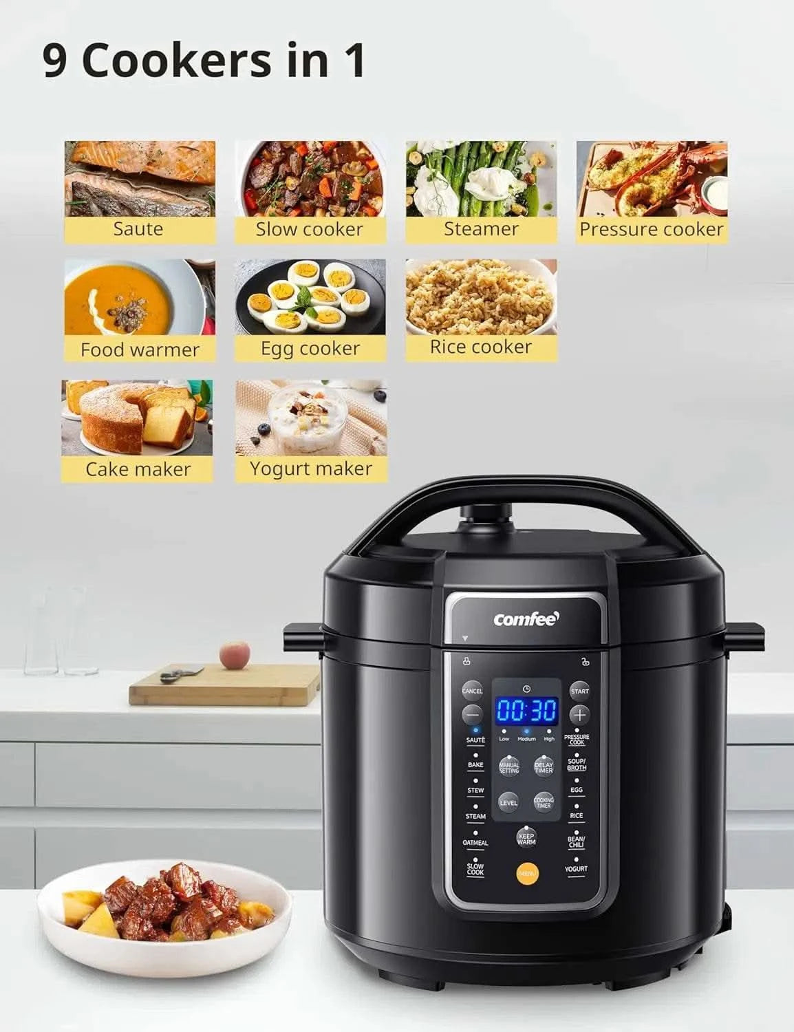 9-in-1Electric Pressure Cooker,14 Presets Instant Multi Cooker Olla de Presion Non-Stick Pot Yogurt Maker Rice Cooker 6 Quarts - M & M Global