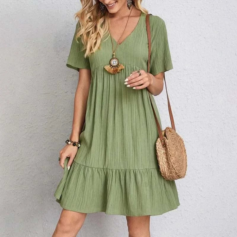 2025 Loose V-neck Short Sleeved Pleated Women Dress Solid Color A-line Beach Dresses Elegant Simple Comfortable Woman Clothing - M & M Global