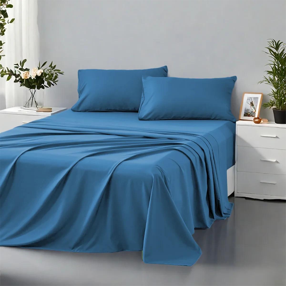 Blue bed sheets and pillows on a bed in a bedroom setting.
Queen size bedding set

4-piece microfiber bed set

Solid color comforter set

All-season bedding set

Lightweight comforter

Ultra-soft bed sheets

Minimalist bedding set

High thread count sheets

Fade-resistant microfiber bedding

Modern home bedding set