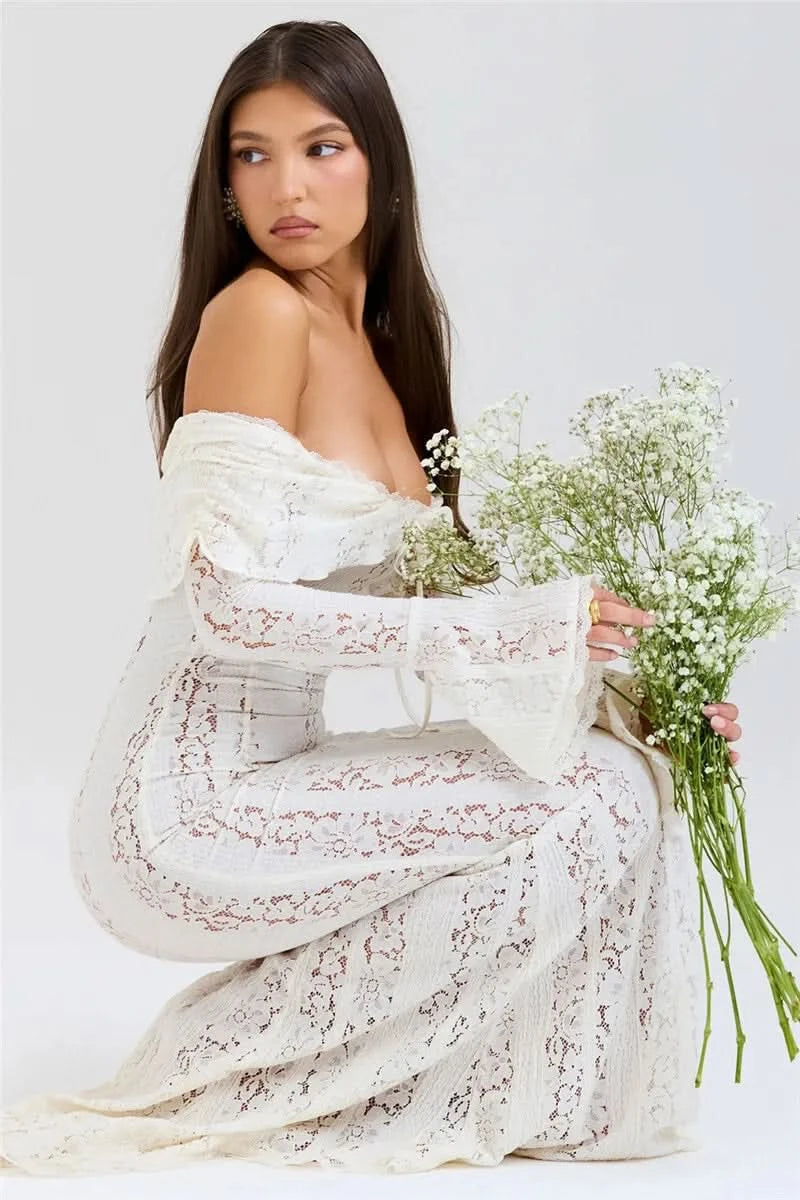 Mozision Floral Lace Off-shoulder Maxi Dress For Women White Strapless Backless Long Sleeve Bodycon Club Party Sexy Long Dress - M & M Global